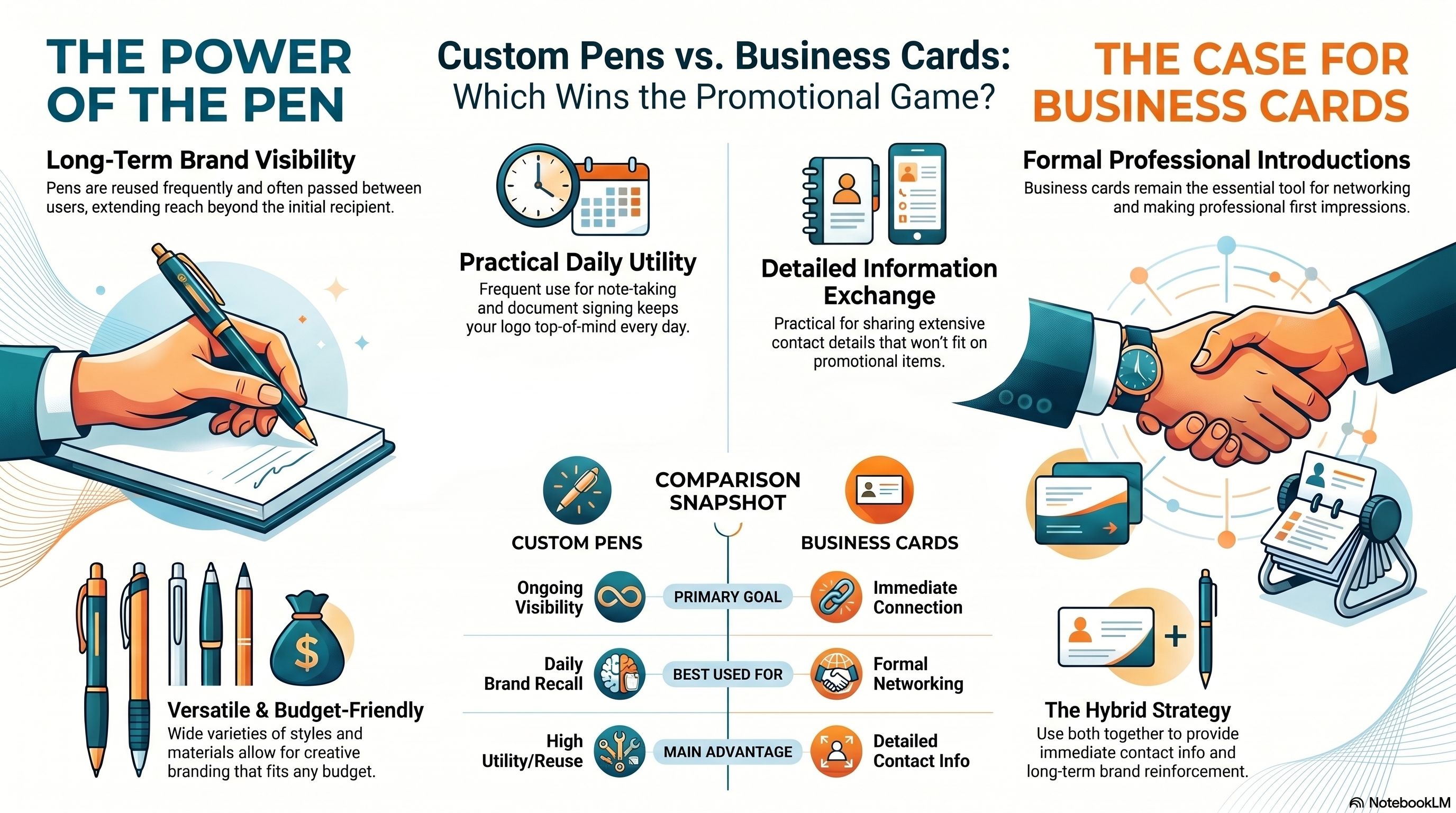 Promotional Item Strategy Comparison pens business cards infographic